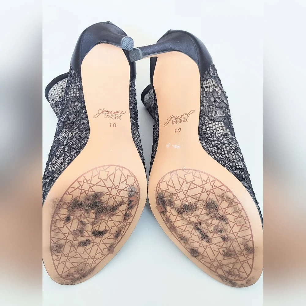 Badgley Mischka Jewel Black Beaded Lace Peep Toe Bootie Size 10 Black